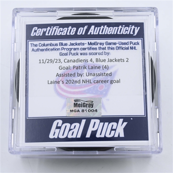 Patrik Laine - Columbus Blue Jackets - Goal Puck -  November 29, 2023 vs. Montreal Canadiens (Blue Jackets Logo)