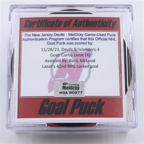 Curtis Lazar - New Jersey Devils - Goal Puck -  November 28, 2023 vs. New York Islanders (Devils Logo)