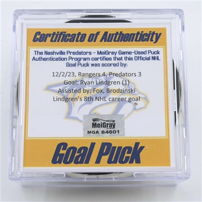 Ryan Lindgren - New York Rangers - Goal Puck - December 2, 2023 vs. Nashville Predators (Predators 25th Anniversary Logo)