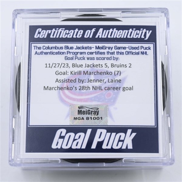 Kirill Marchenko - Columbus Blue Jackets - Goal Puck -  November 27, 2023 vs. Boston Bruins (Blue Jackets Logo)