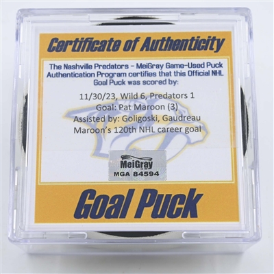 Pat Maroon - Minnesota Wild - Goal Puck - November 30, 2023 vs. Nashville Predators (Predators 25th Anniversary Logo)