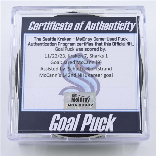 Jared McCann - Seattle Kraken - Goal Puck -  November 22, 2023 vs. San Jose Sharks (Kraken Logo)