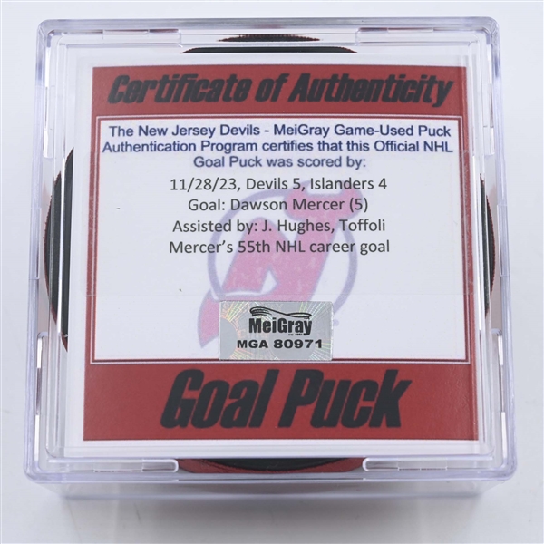 Dawson Mercer - New Jersey Devils - Goal Puck -  November 28, 2023 vs. New York Islanders (Devils Logo)