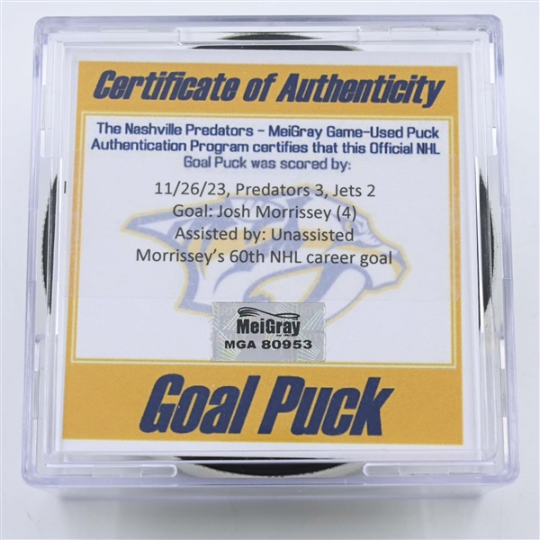 Josh Morrissey - Winnipeg Jets - Goal Puck -  November 26, 2023 vs. Nashville Predators (Predators 25th Anniversary Logo)