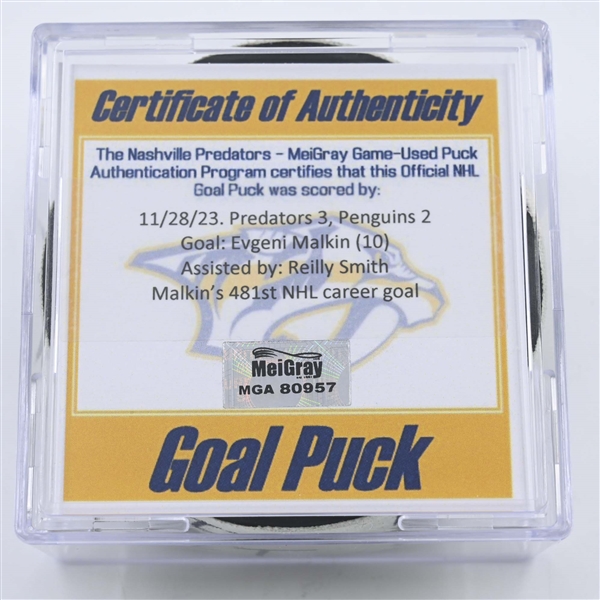 Evgeni Malkin - Pittsburgh Penguins - Goal Puck -  November 28, 2023 vs. Nashville Predators (Predators 25th Anniversary Logo)