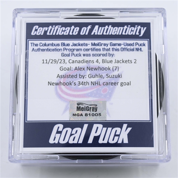 Alex Newhook - Montreal Canadiens - Goal Puck -  November 29, 2023 vs. Columbus Blue Jackets (Blue Jackets Logo)