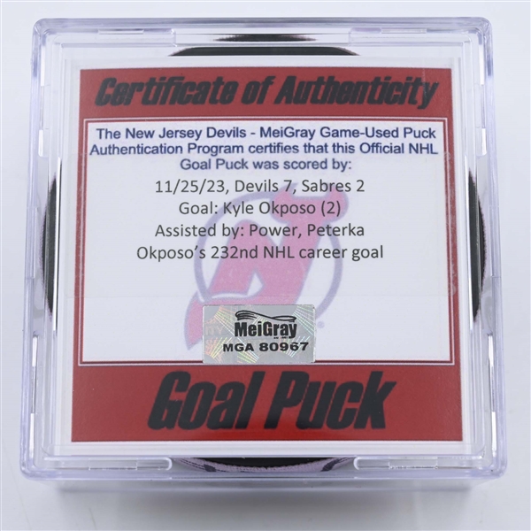 Kyle Okposo - Buffalo Sabres - Goal Puck -  November 25, 2023 vs. New Jersey Devils (Devils Logo)