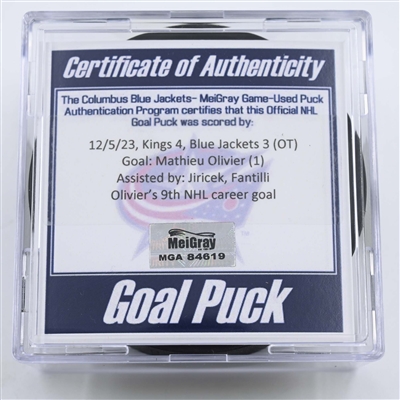 Mathieu Olivier - Columbus Blue Jackets - Goal Puck - December 5, 2023 vs. Los Angeles Kings (Blue Jackets Logo)