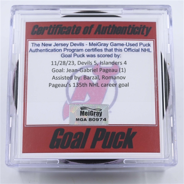 Jean-Gabriel Pageau - New York Islanders - Goal Puck -  November 28, 2023 vs. New Jersey Devils (Devils Logo)