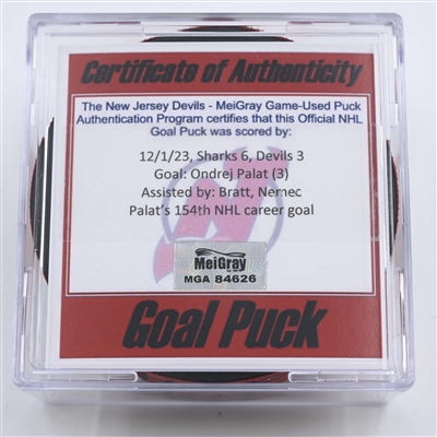 Ondrej Palat - New Jersey Devils - Goal Puck - December 1, 2023 vs. San Jose Sharks (Devils Logo)
