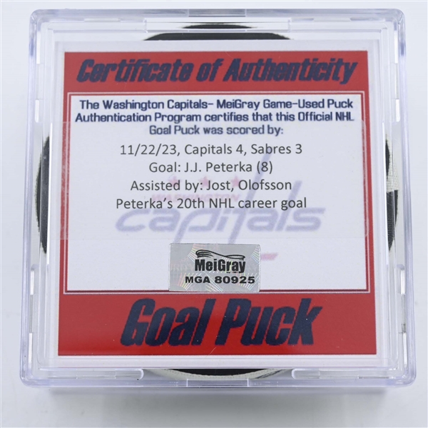 J.J. Peterka - Buffalo Sabres - Goal Puck -  November 22, 2023 vs. Washington Capitals (Capitals Logo)