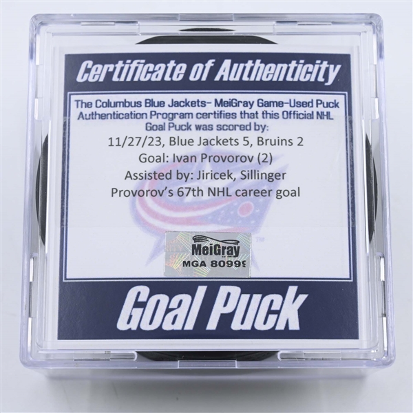 Ivan Provorov - Columbus Blue Jackets - Goal Puck -  November 27, 2023 vs. Boston Bruins (Blue Jackets Logo)