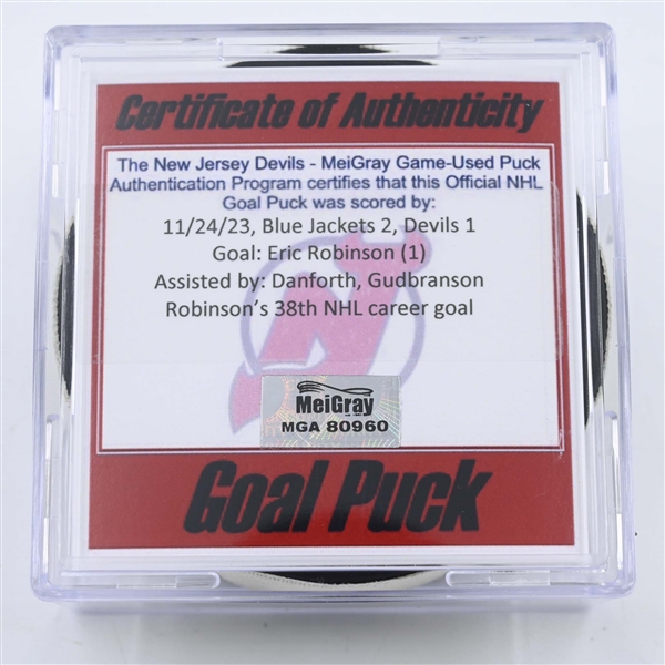 Eric Robinson - Columbus Blue Jackets - Goal Puck -  November 24, 2023 vs. New Jersey Devils (Devils Logo)