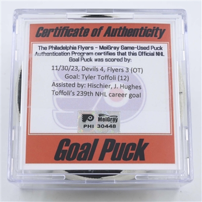 Tyler Toffoli - New Jersey Devils - Goal Puck - November 30, 2023 vs. Philadelphia Flyers (Flyers Logo)