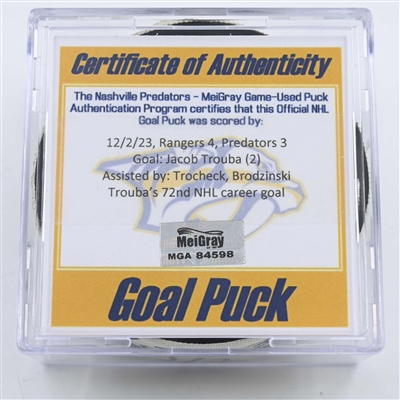 Jacob Trouba - New York Rangers - Goal Puck - December 2, 2023 vs. Nashville Predators (Predators 25th Anniversary Logo)