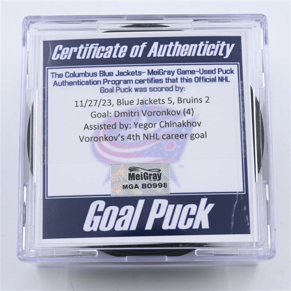 Dmitri Voronkov - Columbus Blue Jackets - Goal Puck -  November 27, 2023 vs. Boston Bruins (Blue Jackets Logo)