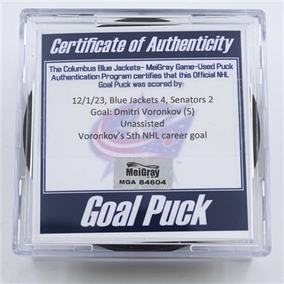 Dmitri Voronkov - Columbus Blue Jackets - Goal Puck - December 1, 2023 vs. Ottawa Senators (Blue Jackets Logo)