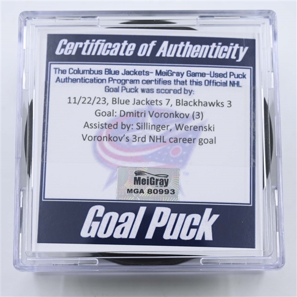 Dmitri Voronkov - Columbus Blue Jackets - Goal Puck -  November 22, 2023 vs. Chicago Blackhawks (Blue Jackets Logo)