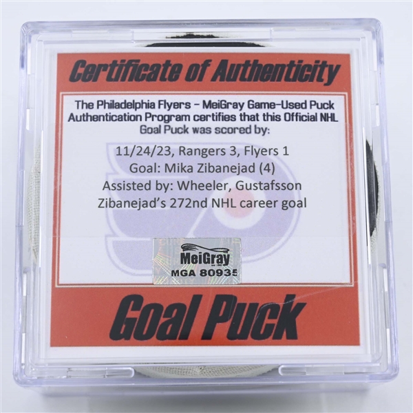 Mika Zibanejad - New York Rangers - Goal Puck -  November 24, 2023 vs. Philadelphia Flyers (Flyers Logo)