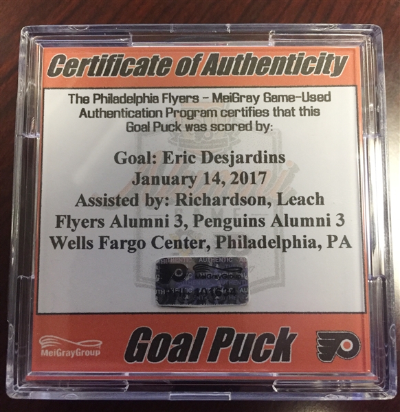 Eric Desjardins - Philadelphia Flyers - 50th Anniversary Alumni Game - Goal-Puck - Autographed