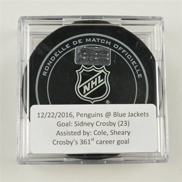Pittsburgh Penguins - Sidney Crosby - Goal Puck - December 22, 2016 vs. Columbus Blue Jackets (Blue Jackets Logo)