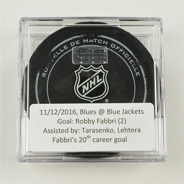 Robby Fabbri - St. Louis Blues - Goal Puck - November 12, 2016 vs. Columbus Blue Jackets (Blue Jackets Logo)