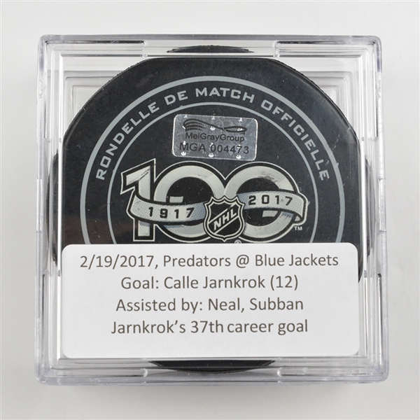 Calle Jarnkrok - Nashville Predators - Goal Puck - February 19, 2017 vs. Columbus Blue Jackets (Blue Jackets Logo)
