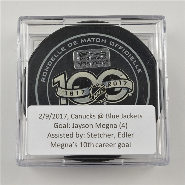 Jayson Megna - Vancouver Canucks - Goal Puck - February 9, 2017 vs. Columbus Blue Jackets (Blue Jackets Logo)