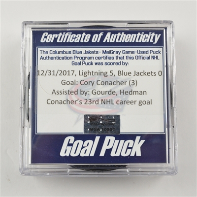 Cory Conacher - Tampa Bay Lightning - Goal Puck - December 31, 2017 vs. Columbus Blue Jackets (Blue Jackets Logo)
