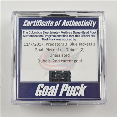 Pierre-Luc Dubois - Columbus Blue Jackets - 2nd Career NHL Goal - Goal Puck - November 7, 2017 vs. Nashville Predators (Blue Jackets Logo)