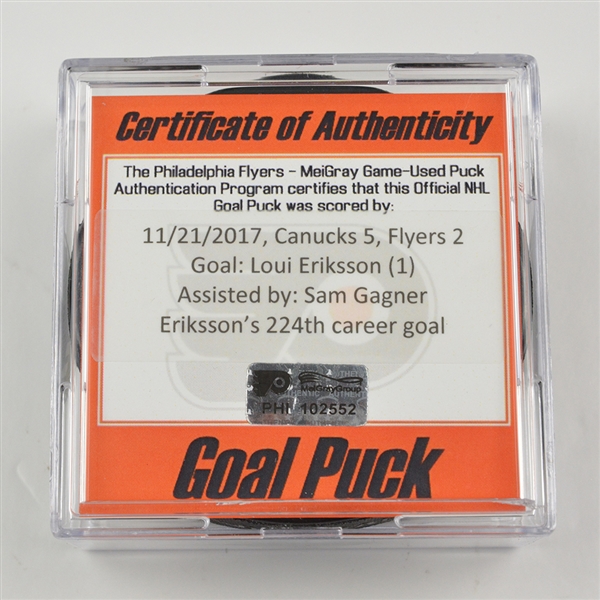 Loui Eriksson - Vancouver Canucks - Goal Puck - November 21, 2017 vs. Philadelphia Flyers (Flyers Logo)