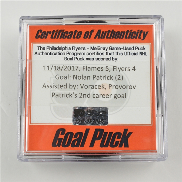 Nolan Patrick - Philadelphia Flyers - 2nd Career NHL Goal - Goal Puck - November 18, 2017 vs. Calgary Flames (Flyers Logo)