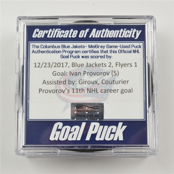 Ivan Provorov - Philadelphia Flyers - Goal Puck - December 23, 2017 vs. Columbus Blue Jackets (Blue Jackets Logo)