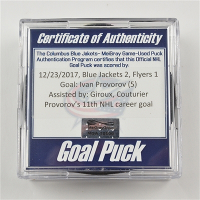 Ivan Provorov - Philadelphia Flyers - Goal Puck - December 23, 2017 vs. Columbus Blue Jackets (Blue Jackets Logo)