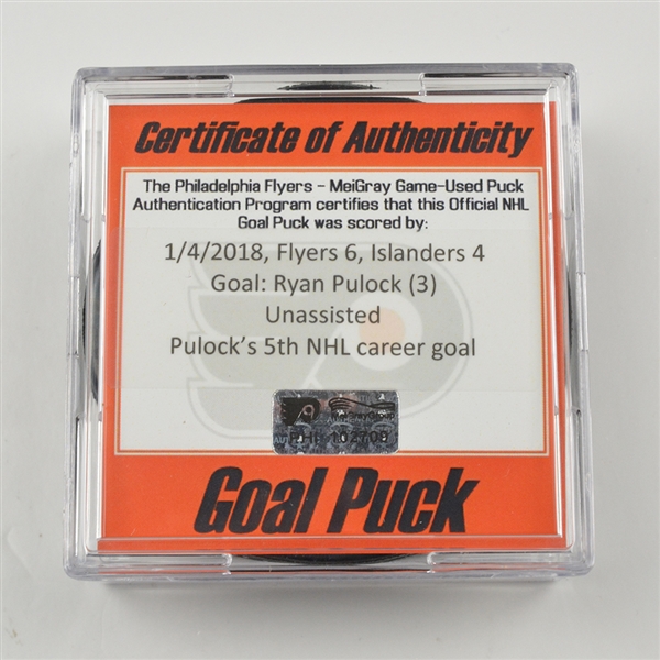 Ryan Pulock - New York Islanders - Goal Puck - January 4, 2018 vs. Philadelphia Flyers (Flyers Logo)