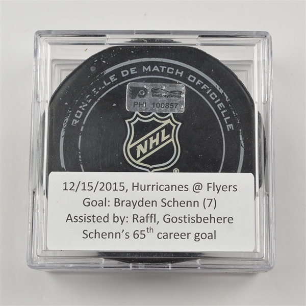 Brayden Schenn - Philadelphia Flyers - Goal Puck - December 15, 2015 vs. Carolina Hurricanes (Flyers Logo)