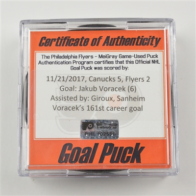 Jakub Voracek - Philadelphia Flyers - Goal Puck - November 21, 2017 vs. Vancouver Canucks (Flyers Logo)