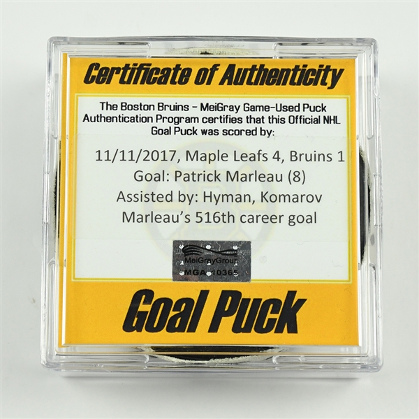 Patrick Marleau - Toronto Maple Leafs - Goal Puck - November 11, 2017 vs. Boston Bruins (Bruins Logo)
