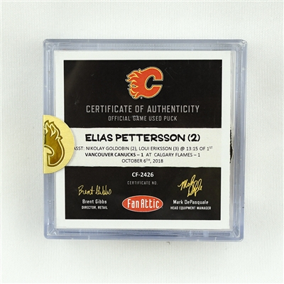 Elias Pettersson - Van. Canucks - Goal Puck - Oct. 6, 2018 vs Calg. Flames (Flames Logo) Petterssons 2nd Career Goal 