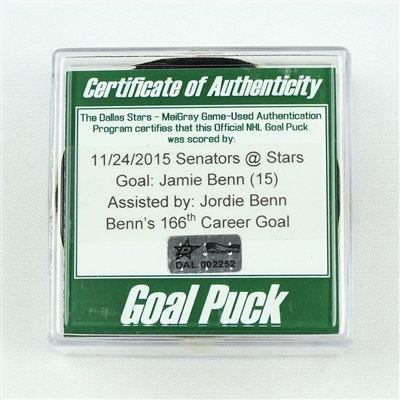 Jamie Benn - Dallas Stars - Goal Puck - November 24, 2015 vs. Ottawa Senators (Stars Logo)