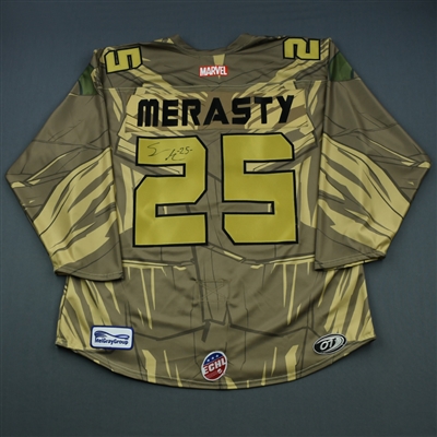 Shaquille Merasty - Rapid City - 2018-19 MARVEL Super Hero Night - Game-Worn Autographed Jersey and Socks 