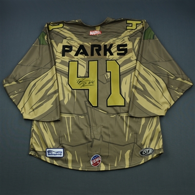 Tyler Parks - Rapid City - 2018-19 MARVEL Super Hero Night - Game-Worn Autographed Jersey and Socks 