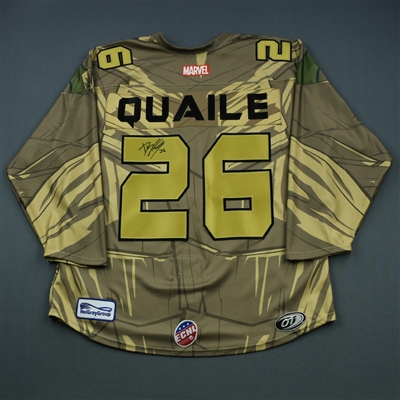 Dylan Quaile - Rapid City - 2018-19 MARVEL Super Hero Night - Game-Worn Autographed Jersey and Socks 
