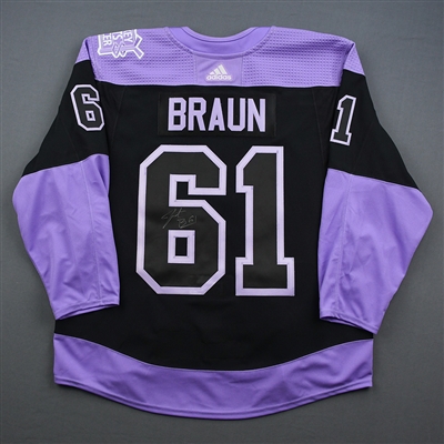 Justin Braun - Warmup-Worn Hockey Fights Cancer Autographed Jersey - Nov. 25, 2019 & Dec. 17, 2019
