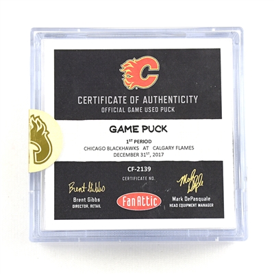 Jaromir Jagr - Final NHL Career Game - Game-Puck December 31, 2017 vs. Chicago Blackhawks (Flames Logo)