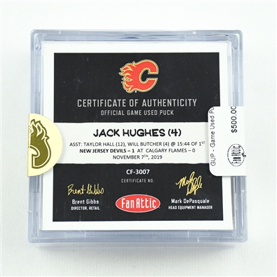 Jack Hughes - New Jersey Devils - Nov. 7, 2019 vs. Calgary Flames (Flames Logo)