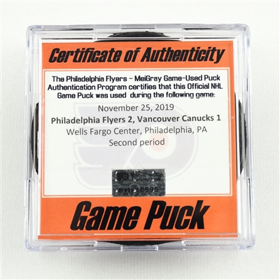 Game-Used Puck - Philadelphia Flyers - HFC Night, Nov. 25, 2019 - 2nd Period - 1 of 3 (Flyers HFC Logo)