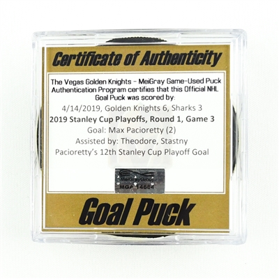 Max Pacioretty - Golden Knights - Goal Puck - Apr. 14, 2019 vs.Sharks (Knights Logo) - 2019 Stanley Cup Playoffs - Rd. 1, Game 3