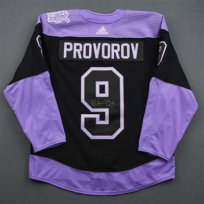 Ivan Provorov - Warmup-Worn Hockey Fights Cancer Autographed Jersey - Nov. 25, 2019 & Dec. 17, 2019