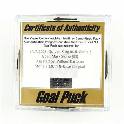 Mark Stone - Vegas Golden Knights - Goal Puck - March 17, 2019 vs. Edmonton Oilers (Golden Knights St. Patricks Logo)